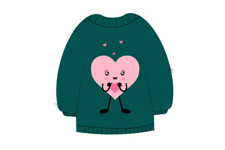 Green knitted sweater with a cute heart emoji in kawaii style. Vector illustration isolated on white background.のイラスト素材