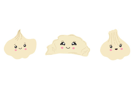 A set of cute dumplings in the style of kawaii. Vector illustration of Asian cuisineのイラスト素材