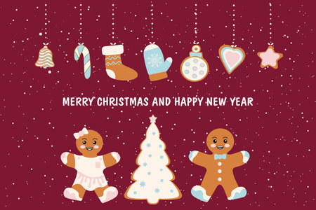 New Year's card. Christmas decorations in the form of gingerbread cookies. Happy New Year and Merry Christmas. Vector illustration on a pink backgroundのイラスト素材