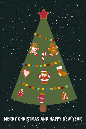 Festive Christmas tree decorated with gingerbread. christmas greeting cardのイラスト素材
