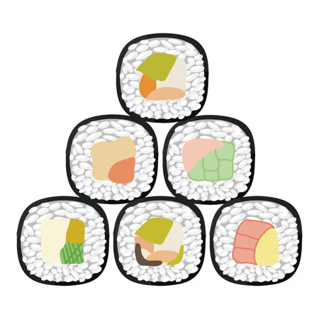 Vector icon set of yummy colored sushi rolls. Collection of different flavors and kinds. Traditional Japanese food. Asian seafood group. Template for sushi restaurant, cafe, delivery or your businessのイラスト素材