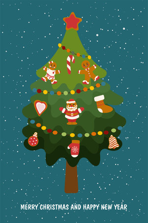 Festive Christmas tree decorated with gingerbread. christmas greeting cardのイラスト素材