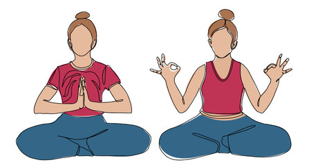 Girl in yoga lotus pose. Vector hand drawn illustration. Young and happy woman meditates and practices yoga. Continuous drawing in one lineのイラスト素材