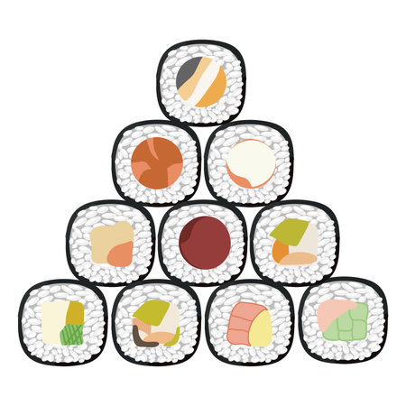 Vector icon set of yummy colored sushi rolls. Collection of different flavors and kinds. Traditional Japanese food. Asian seafood group. Template for sushi restaurant, cafe, delivery or your businessのイラスト素材