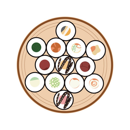 Vector icon set of yummy colored sushi rolls. Collection of different flavors and kinds. Traditional Japanese food. Asian seafood group. Template for sushi restaurant, cafe, delivery or your businessのイラスト素材