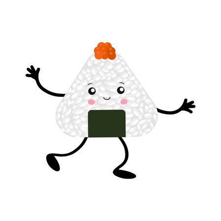 Vector illustration of Onigiri in the style of kawaii. Japanese fast food made of rice with a filling formed in the form of a triangle of nori seaweed.のイラスト素材