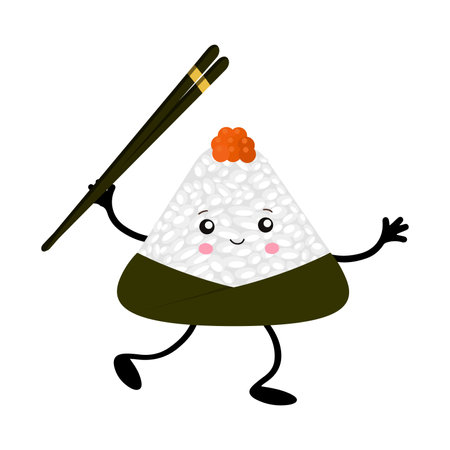 Vector illustration of Onigiri in the style of kawaii. Japanese fast food made of rice with a filling formed in the form of a triangle of nori seaweed.のイラスト素材