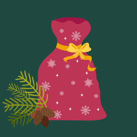 A bag of gifts. Christmas gifts in Santa bag. Decoration for greeting cards, posters, stripes, emblems. modern flat styleのイラスト素材