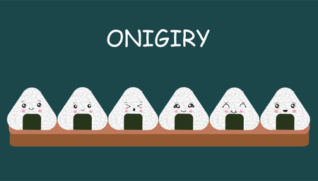 Vector illustration of Onigiri in the style of kawaii. Japanese fast food made of rice with a filling formed in the form of a triangle of nori seaweed.のイラスト素材