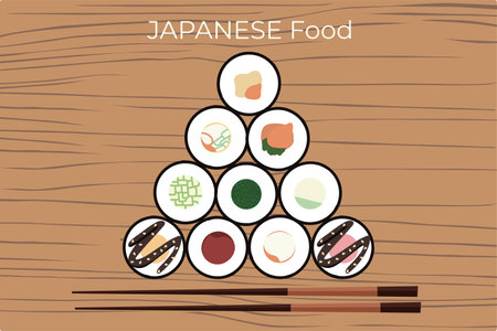Vector icon set of yummy colored sushi rolls. Collection of different flavors and kinds. Traditional Japanese food. Asian seafood group. Template for sushi restaurant, cafe, delivery or your businessのイラスト素材