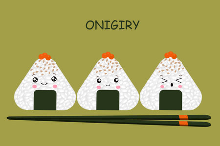 Vector illustration of Onigiri in the style of kawaii. Japanese fast food made of rice with a filling formed in the form of a triangle of nori seaweed.のイラスト素材