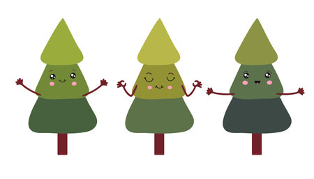 A set of Christmas trees in the style of kawaii. The traditional symbol of the New Year and Christmas is the Christmas tree. Vector illustration on a white background.のイラスト素材