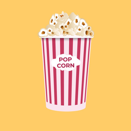 Popcorn isolated on a yellow background. A flat-style movie theater icon. A light snack. A large red and white striped box. Vector illustrationのイラスト素材