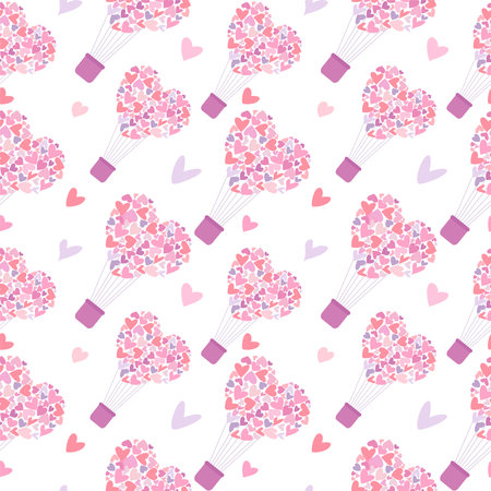 Seamless pattern of Pink balloons in the shape of hearts for Valentines Day for postcards, textiles, decor, posters. Vector illustrationのイラスト素材