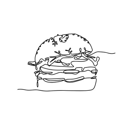 Continuous one line of hamburger in silhouette on a white background. Linear stylized.Minimalist. Fast food.のイラスト素材