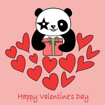 Valentine card with cute panda and hearts. Love concept. Illustration on a pink background.のイラスト素材