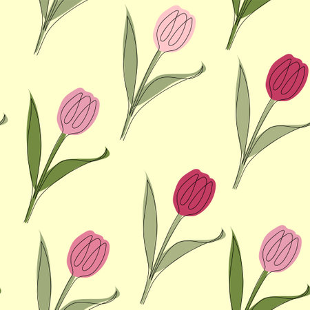 Seamless pattern of tulips drawn in one line. Vector illustration isolated on yellow background.のイラスト素材