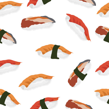 A luxurious pattern of Sushi, traditional Japanese cuisine. Asian seafood group. Template for sushi restaurant, cafe, delivery or your business.のイラスト素材