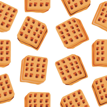 Seamless pattern of waffles with various fillings. Vector illustration of waffles, pastries for breakfast, sweet snacks.のイラスト素材
