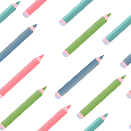 Seamless pattern of colored pencils with a rubber eraser. A refined detailed office layout, a school tool, a symbol of creativity, ideas, education and design. Vector illustration on a white backgroundのイラスト素材