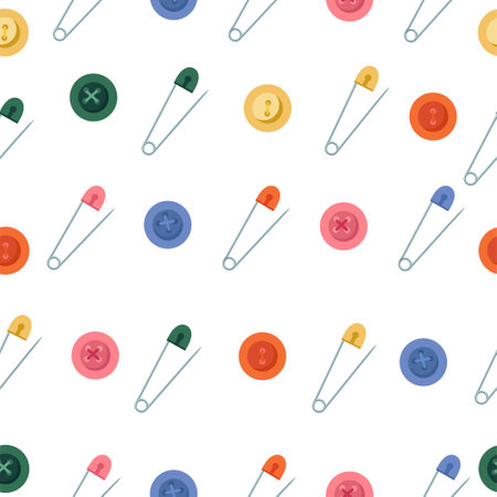 Seamless pattern of buttons and pins. Vector drawing isolated on a white backgroundのイラスト素材