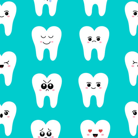 Seamless teeth pattern, with different facial expressions. Teeth in the style of kawaii. Vector illustrationのイラスト素材