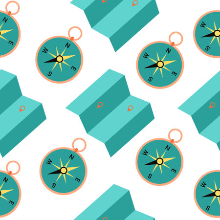 Seamless pattern of a compass icon and a travelers map. Illustration in a flat minimalist styleのイラスト素材