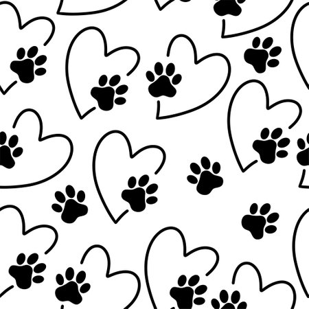 Seamless drawing of a pets paw in the heart. A trace of a pet. The concept of love.のイラスト素材