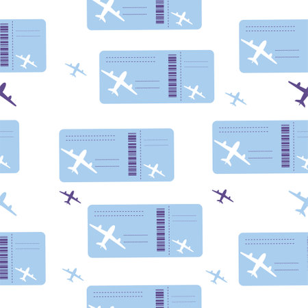 Seamless pattern of plane tickets. Boarding pass for the plane. Illustration highlighted on a white background.のイラスト素材