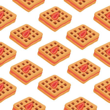 Seamless pattern. Waffles with strawberry filling. Vector illustration of waffles, pastries for breakfast, sweet snacks.のイラスト素材