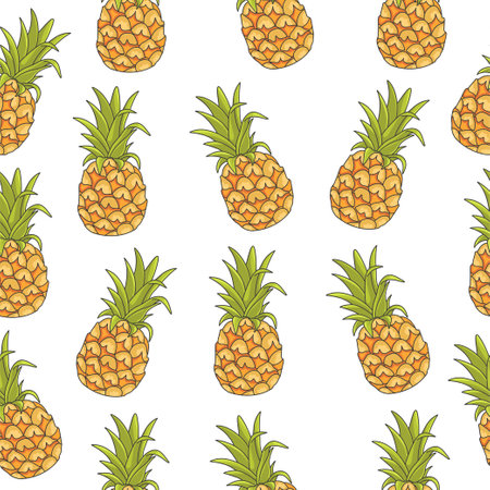 Seamless pineapple pattern. Color vector illustrations on a white background.