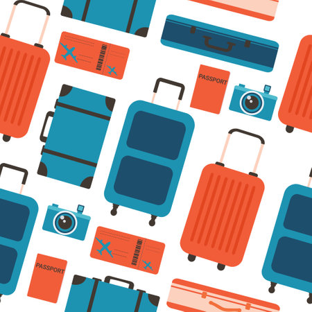Seamless pattern of suitcases for travel and leisure. Colorful color illustration highlighted on a white backgroundのイラスト素材