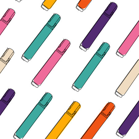 Seamless pattern of multicolored markers on a white background. The design of the marker icon symbol. Drawing a marker in one line. vector illustration.のイラスト素材