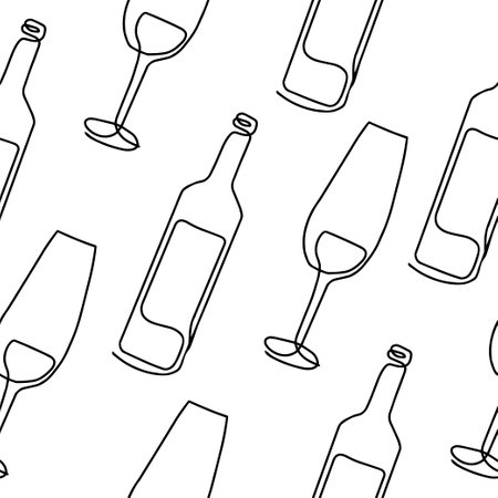 Seamless pattern. Vector illustration of a wine bottle and a glass. Drawing in one lineのイラスト素材