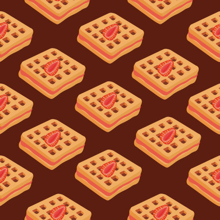 Seamless pattern. Waffles with strawberry filling. Vector illustration of waffles, pastries for breakfast, sweet snacks.のイラスト素材