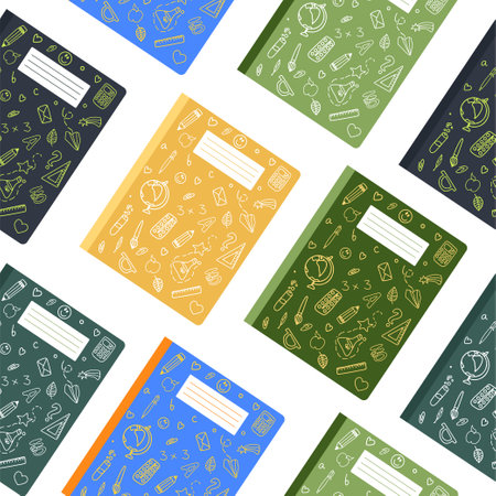 Seamless pattern of colorful notebooks with doodle drawings. Vector illustration isolated on a white backgroundのイラスト素材