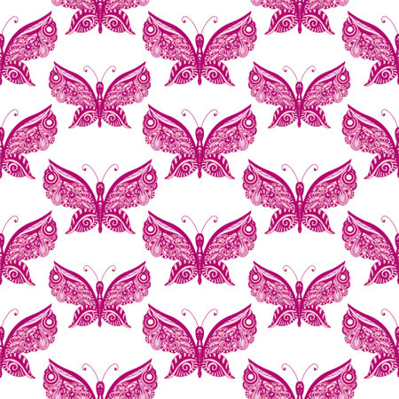 Seamless pattern of pink butterflies. Butterflies in the zentangle style. Vector illustration, white background.のイラスト素材