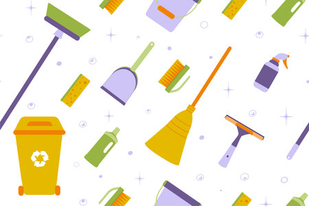 Seamless pattern. Background of cleaning equipment. Vector illustration isolated on a white background.のイラスト素材