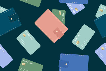 Seamless pattern, background of multicolored wallet icons. Leather wallet with credit cards. Vector illustration isolated on a blue background.のイラスト素材