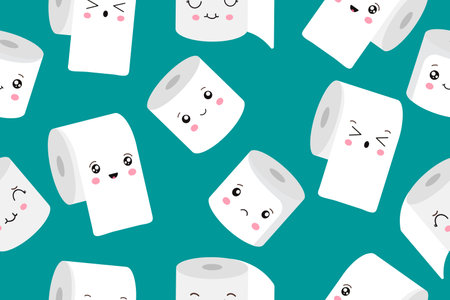 Seamless pattern with cute kawaii cartoon toilet paper rolls with faces. Vector illustration. Vector illustrationのイラスト素材