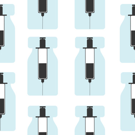A vial with a vaccine and a syringe with a seamless pattern. Vaccine, injection, vaccination, background of medical equipment.Vector illustration.のイラスト素材