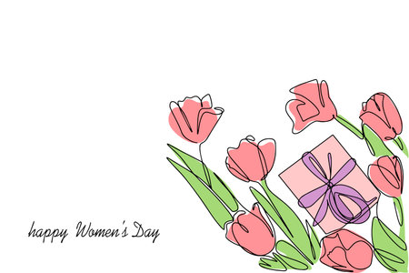 Banner-postcard with International Womens Day. Illustration with flowers and a giftのイラスト素材