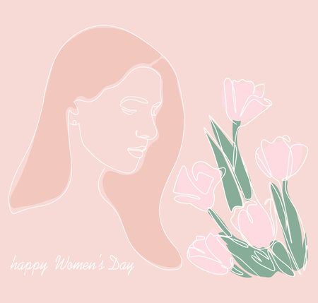 Banner postcard with International Womens Day. Illustration of a tender girl with tulips. Continuous drawing with one line. Vectorのイラスト素材