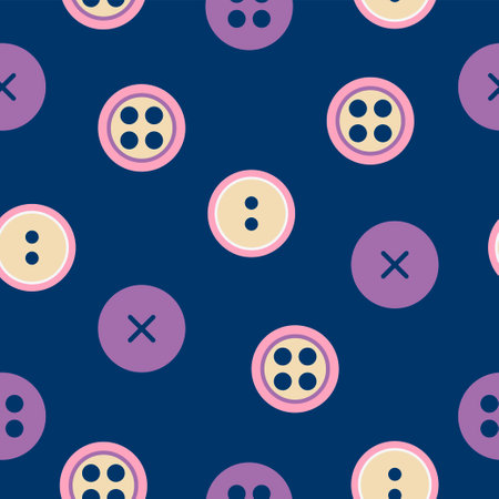 Seamless pattern with multicolored round buttons for clothes highlighted on a blue background. The buttons are flat and have a contoured design. Vector illustrationのイラスト素材