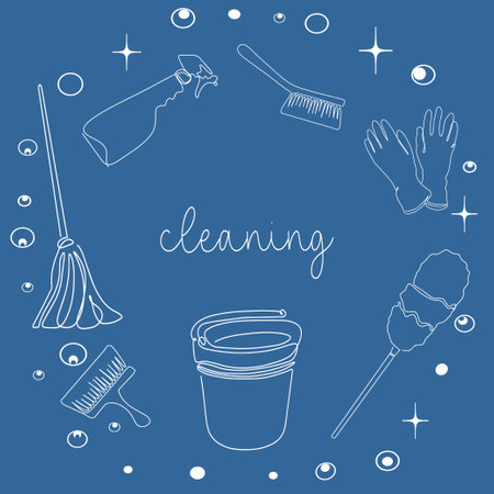 Background of cleaning equipment. Vector illustration isolated on a blue background. Cleaning tools in one line.のイラスト素材