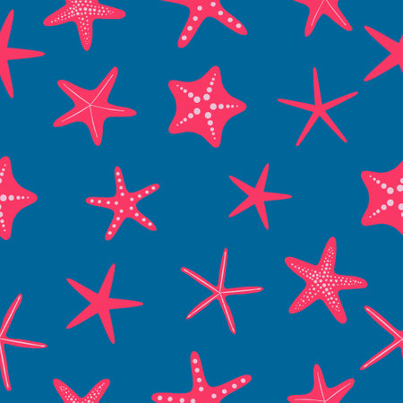 Seamless vector pattern with cute different starfish. Summer hand-drawn background for packaging, wrapping paper, banner, print, postcard, gift, fabric, postcard, textile, wallpaper, web.のイラスト素材