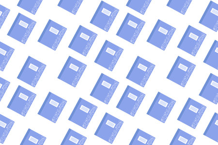Seamless pattern of colorful notebooks with doodle drawings. Vector illustration isolated on a white backgroundのイラスト素材