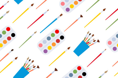 Tools for coloring elements. Background with art supplies. Design creative materials for workshops banner, card. Vector.のイラスト素材