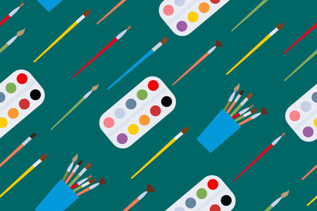 Tools for coloring elements. Background with art supplies. Design creative materials for workshops banner, card. Vector.のイラスト素材