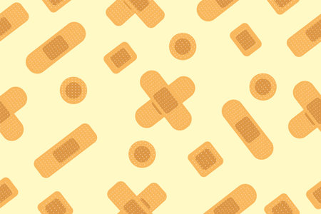 Seamless pattern with realistic medical plaster of various shapes. Repeatable background with different elastic band aids. First aid bandages. Flat vector cartoon illustration. Vector illustrationのイラスト素材